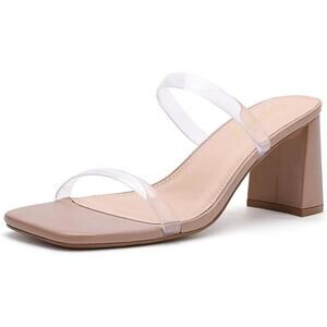 Avidirk Womens Size 8 Tan 2 Clear Strap Square Open Toe Slip on 3" Heels Sandals